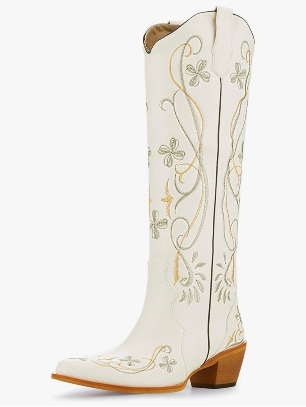 Amazon White Embroidered Knee-High Western Boots with Gold Accents